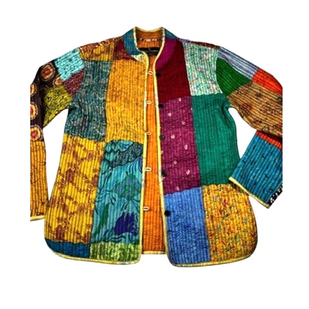 Sacred Threads 100% Silk Quilted Patchwork Jacket Boxy | Women’s S *EUC*